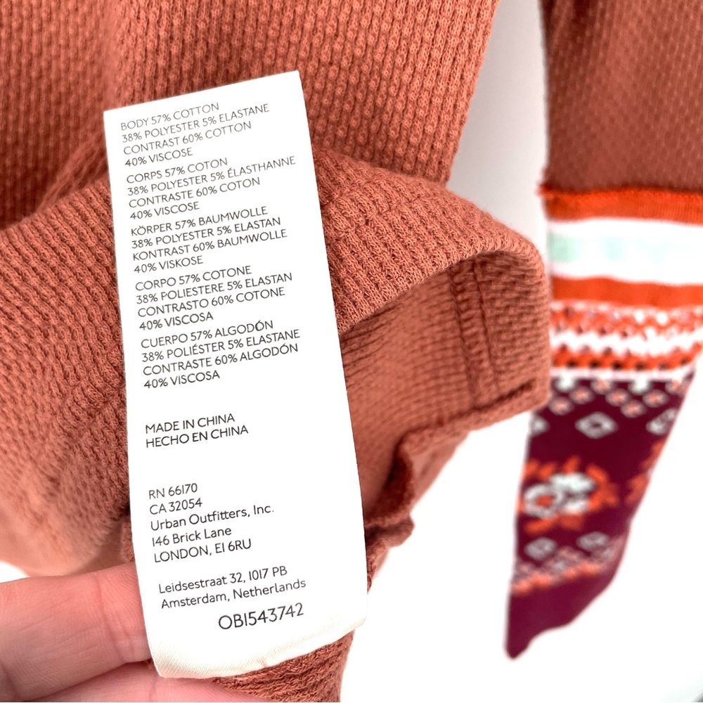 Free People Mikah Notch Neck Boho Long Sleeve Thermal Autumn Orange Printed Cuff - Picture 9 of 9